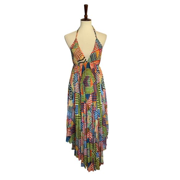 Alice and Olivia Silk Halter Asymmetric Hem Maxi Dress - Picture 1 of 5